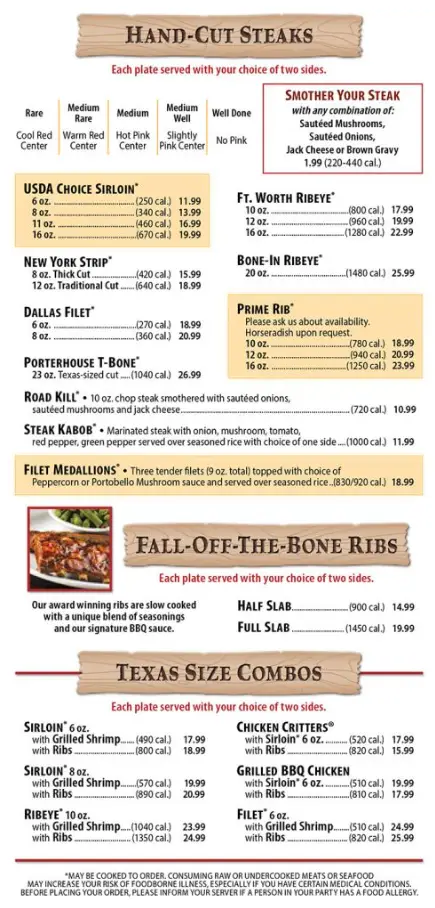 Texas Roadhouse Hand Cut Steaks Menu
