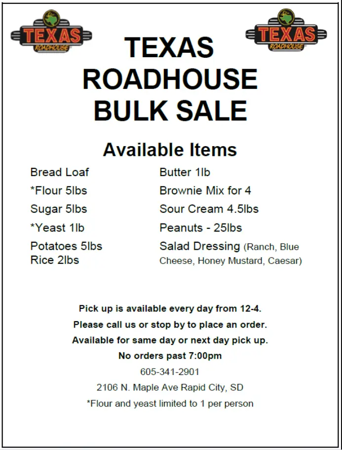 Texas Roadhouse Menu Bulk Order