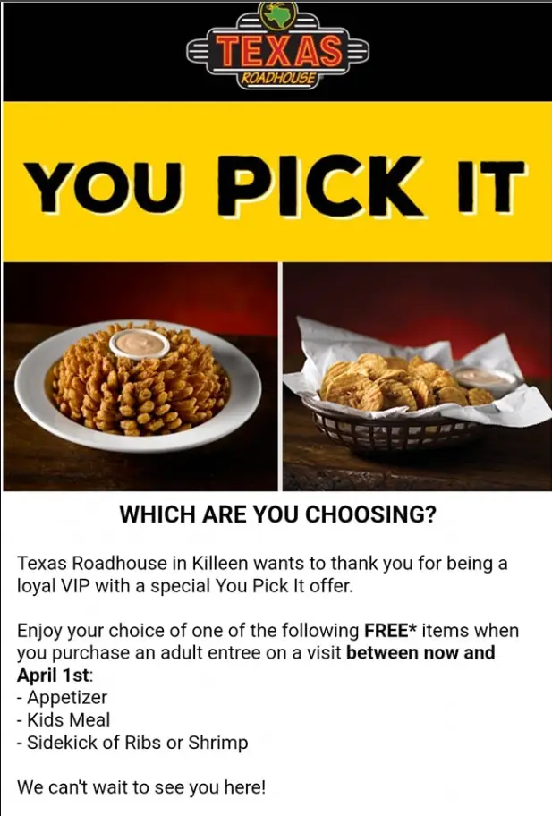 Texas Roadhouse Menu Loyalty Cards