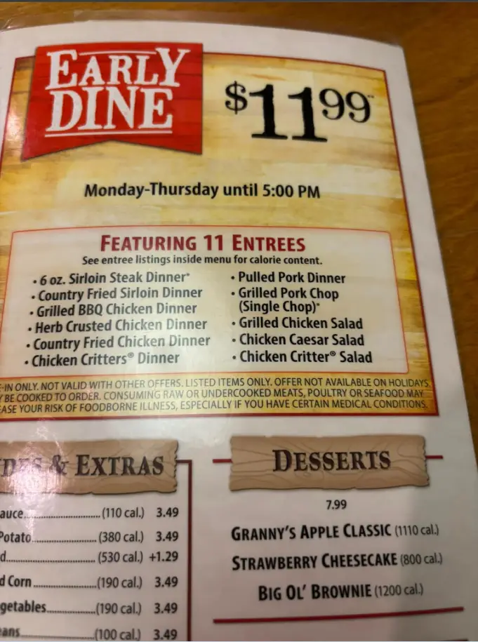 texas roadhouse early dine menu